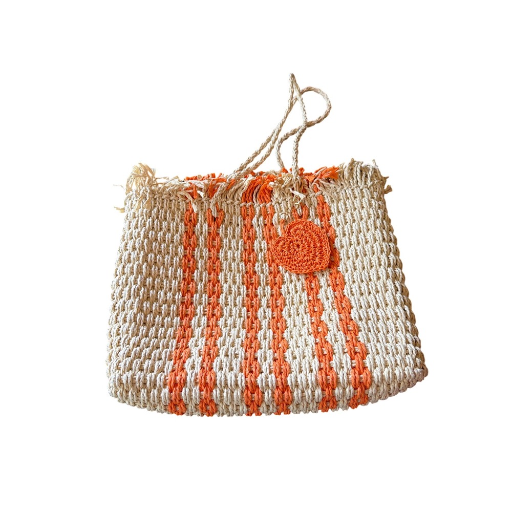 Haute Hippie Style Tote Cream Orange Striped Woven Straw Boho Beach Bag Heart
